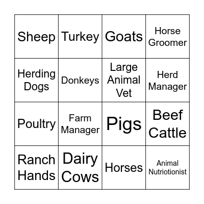 Farm Animals/Jobs Bingo Card