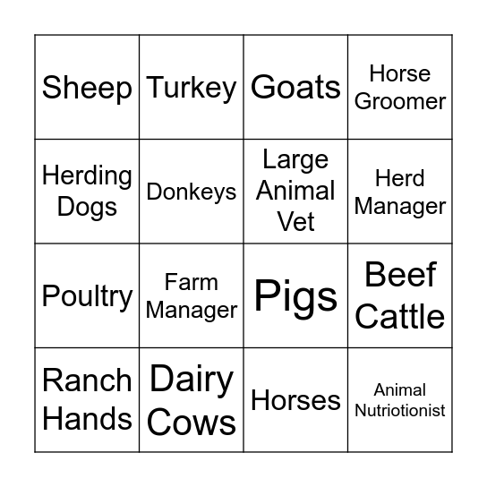 Farm Animals/Jobs Bingo Card