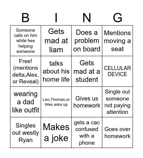 David Fisher Bingo Board Bingo Card