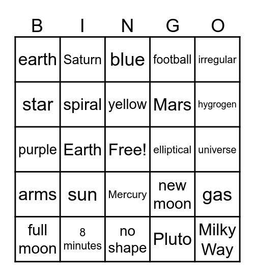 Sun, Star, and Galaxies Bingo Card