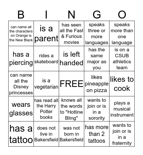 Find someone in our class who. . . Bingo Card