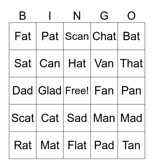 Word Family Bingo Card