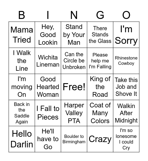 Classic Country Bingo Card