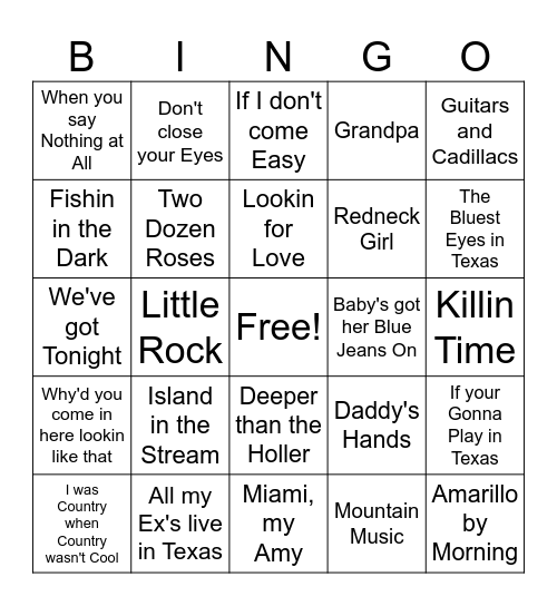 80's Country Bingo Card