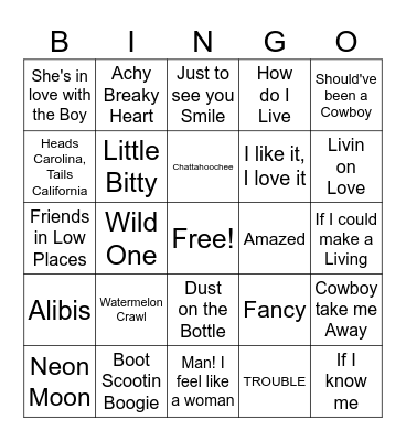 90's Country Bingo Card