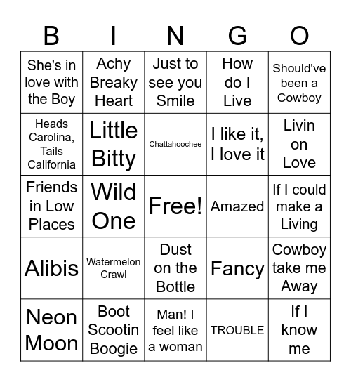 90's Country Bingo Card