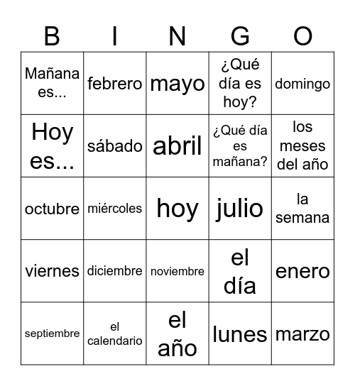 SDL - los días y los meses Bingo Card