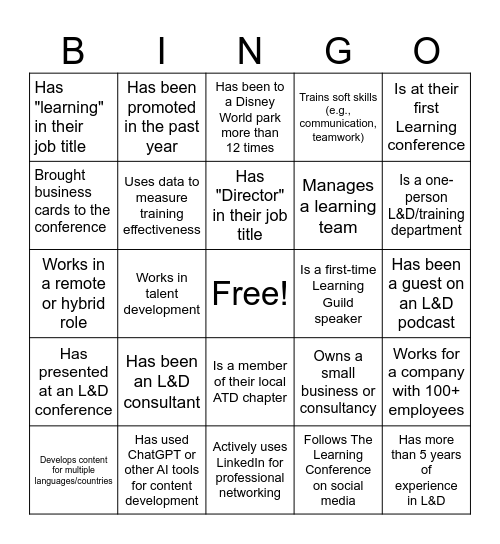 Learning 2024 Networking Bingo! Bingo Card