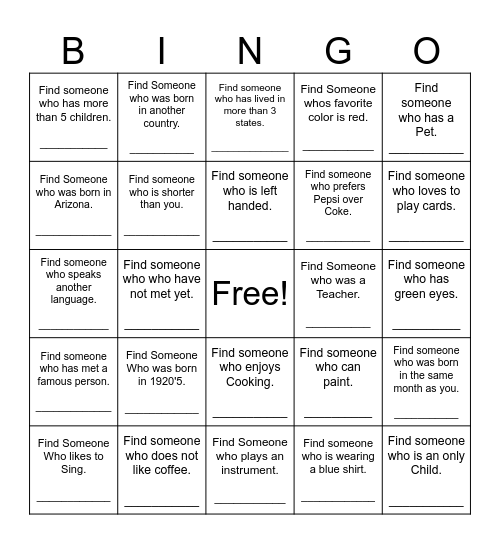 Find Someone Who Bingo Card