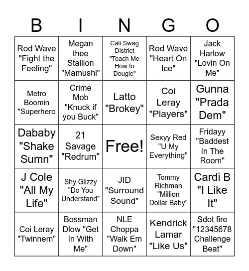 RAP Bingo Card