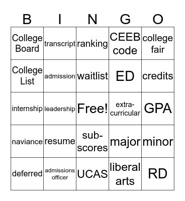 college counseling Bingo Card