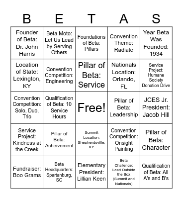 Beta Club Bingo Card