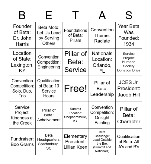 Beta Club Bingo Card