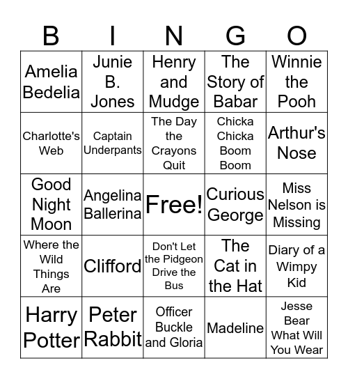 Book Character Bingo Card