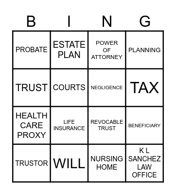 ESTATE PLANNING BINGO Card