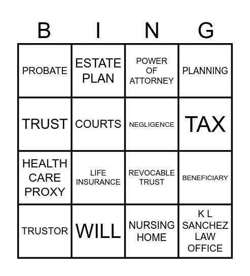 ESTATE PLANNING BINGO Card