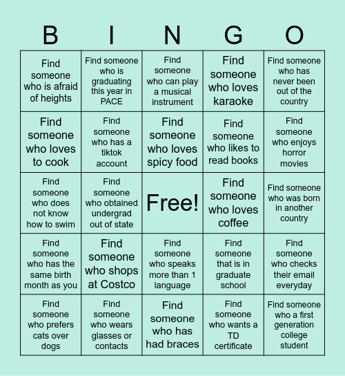 Get to know you Bingo! ELP 532 Bingo Card