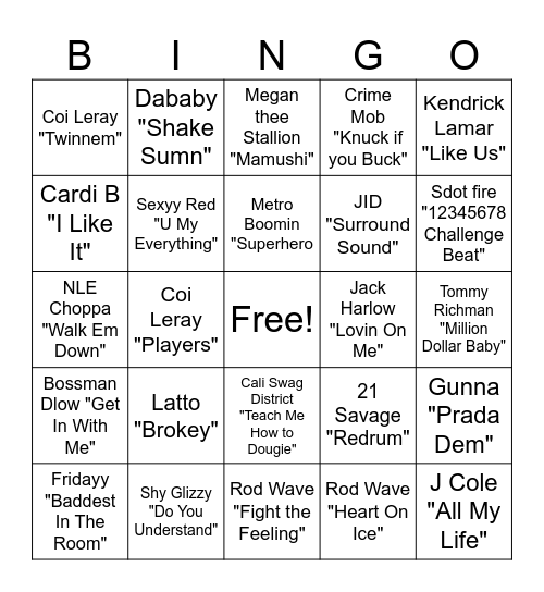 RAP Bingo Card
