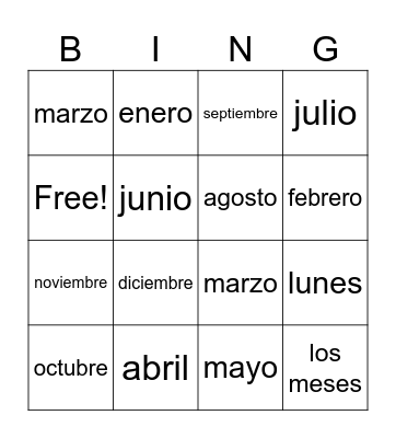 Months Bingo Card