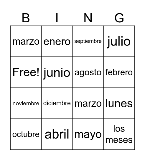 Months Bingo Card
