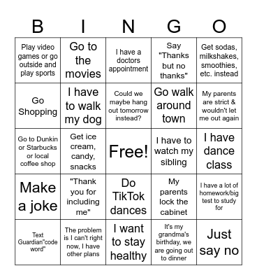 Refusal Skills Bingo Card