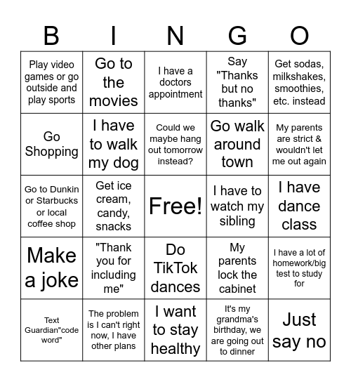 Refusal Skills Bingo Card