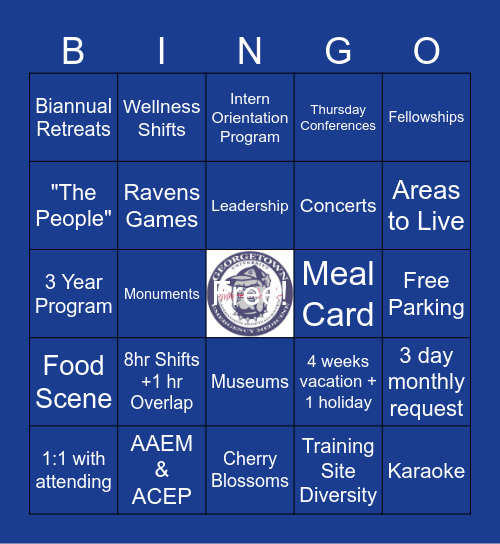 Georgetown Emergency Medicine BINGO Card