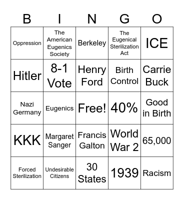 Eugenics and Forced Sterilization Bingo Card