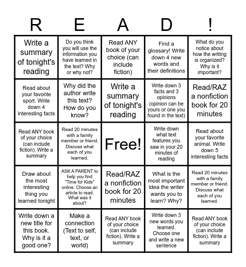 NonFiction Reading Bingo! Bingo Card