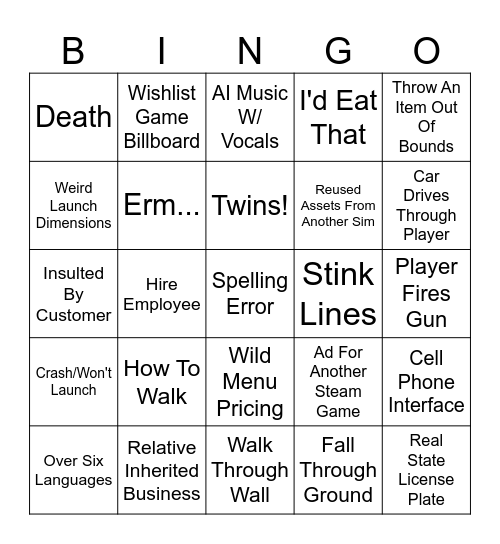 Steam Next Fest Simulator Bingo Card