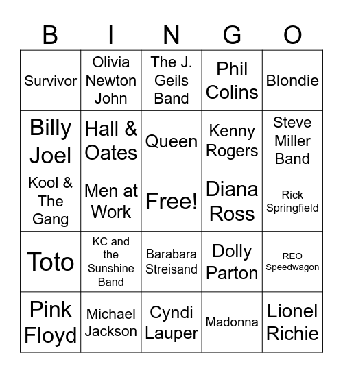 Bingo Bango: 80's Radio Bingo Card