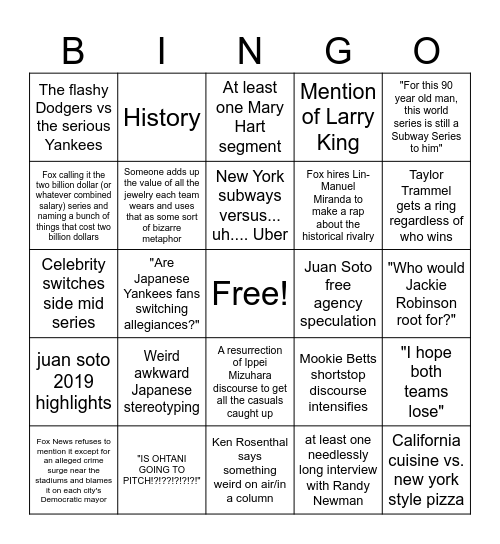 2024 World Series narratives Bingo Card
