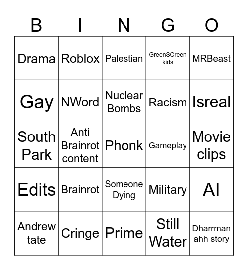 YouTube Bingo Card