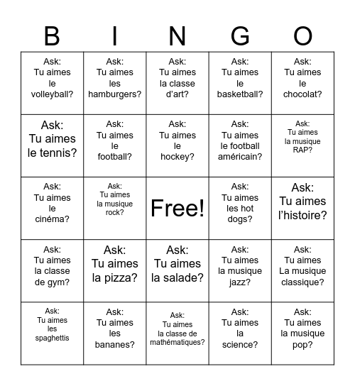 Tu aimes...? Bingo Card