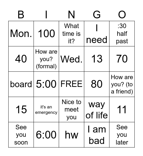 Spanish Review Bingo Card