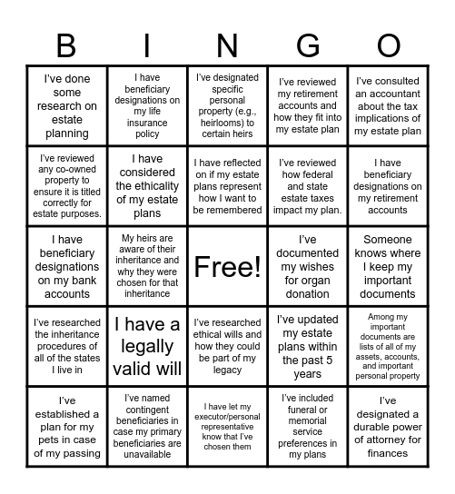 Your Legacy Bingo Card