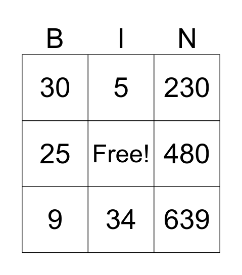 Tape Diagram Bingo Card