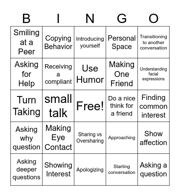 Social Skills Bingo Card