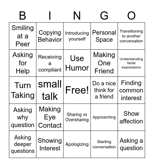 Social Skills Bingo Card