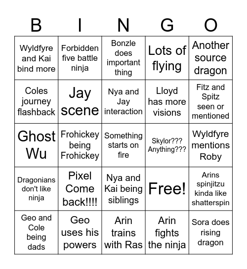 Ninjago Bingo Card