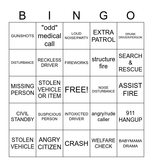 911 dispatcher Bingo Card