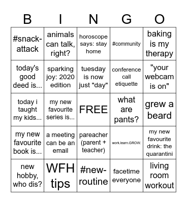 Work From Home BINGO Card