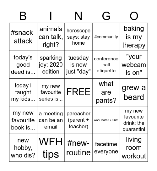 Work From Home BINGO Card