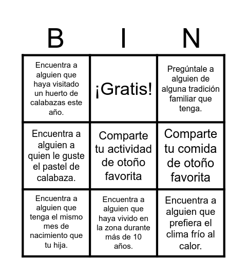 Pumkin Feast  Bingo Spanish Bingo Card