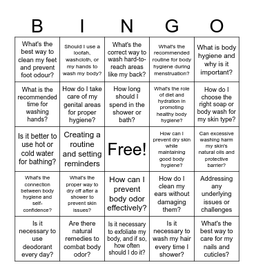 Personal Hygiene Bingo Card