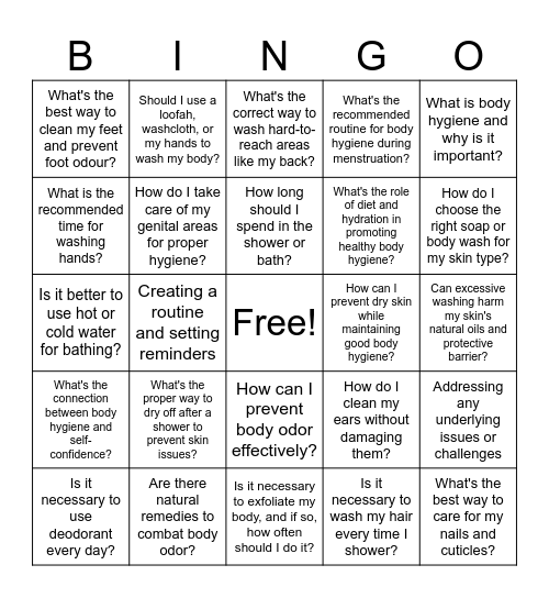 Personal Hygiene Bingo Card