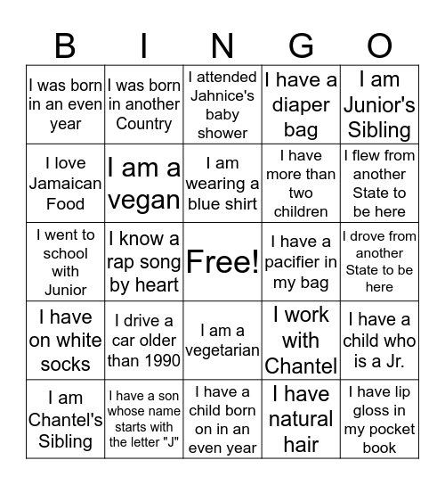 Chantel and Junior's Baby Shower Person Hunt Bingo Card
