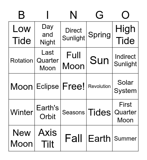 SOL 4.6: Earth, Moon, Sun Bingo Card