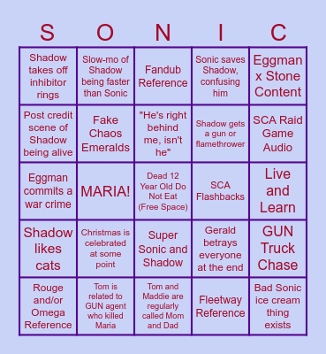 Sonic Movie 3 Bingo Card