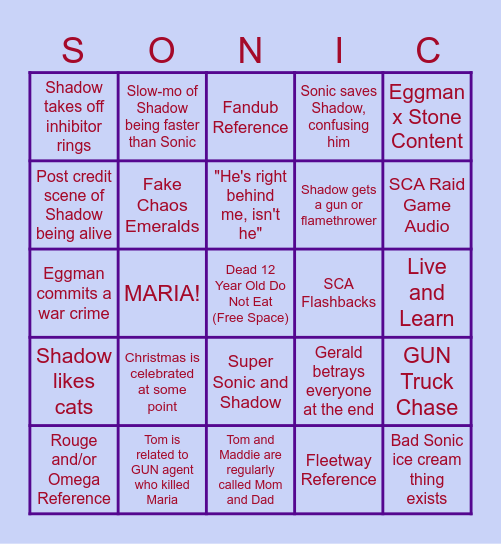 Sonic Movie 3 Bingo Card